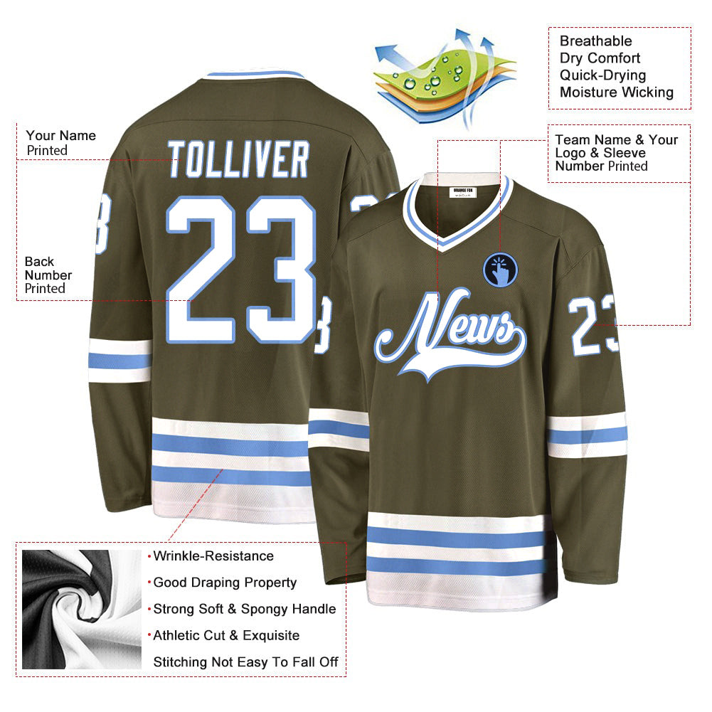 Custom Olive White-Light Blue Salute To Service V Neck Hockey Jersey For Men & Women