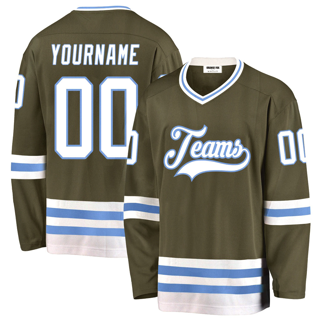 Custom Olive White-Light Blue Salute To Service V Neck Hockey Jersey For Men & Women