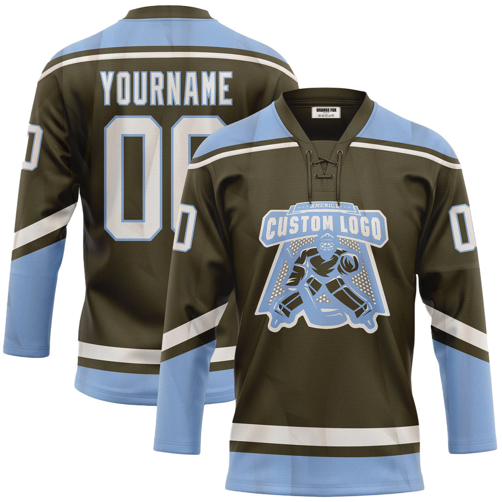 Custom Olive White-Light Blue Salute To Service Neck Hockey Jersey For Men & Women