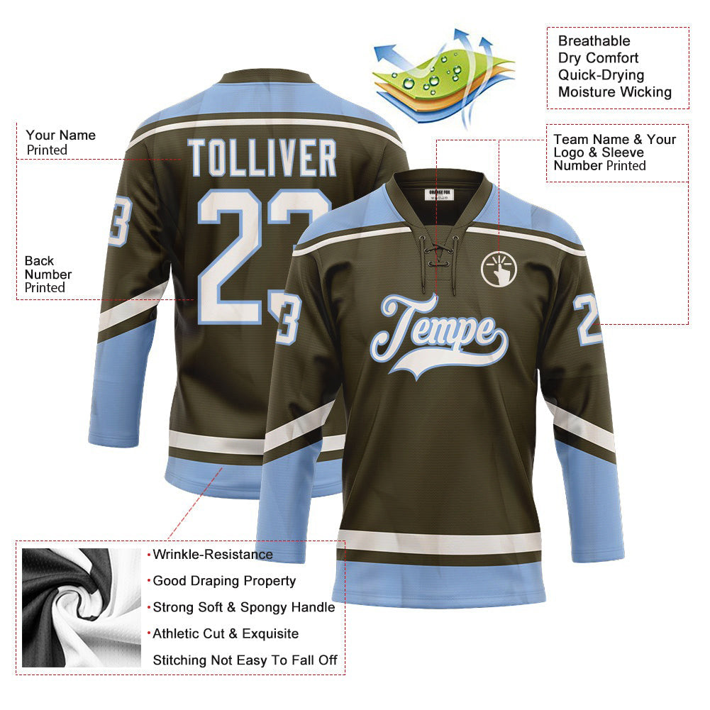 Custom Olive White-Light Blue Salute To Service Neck Hockey Jersey For Men & Women