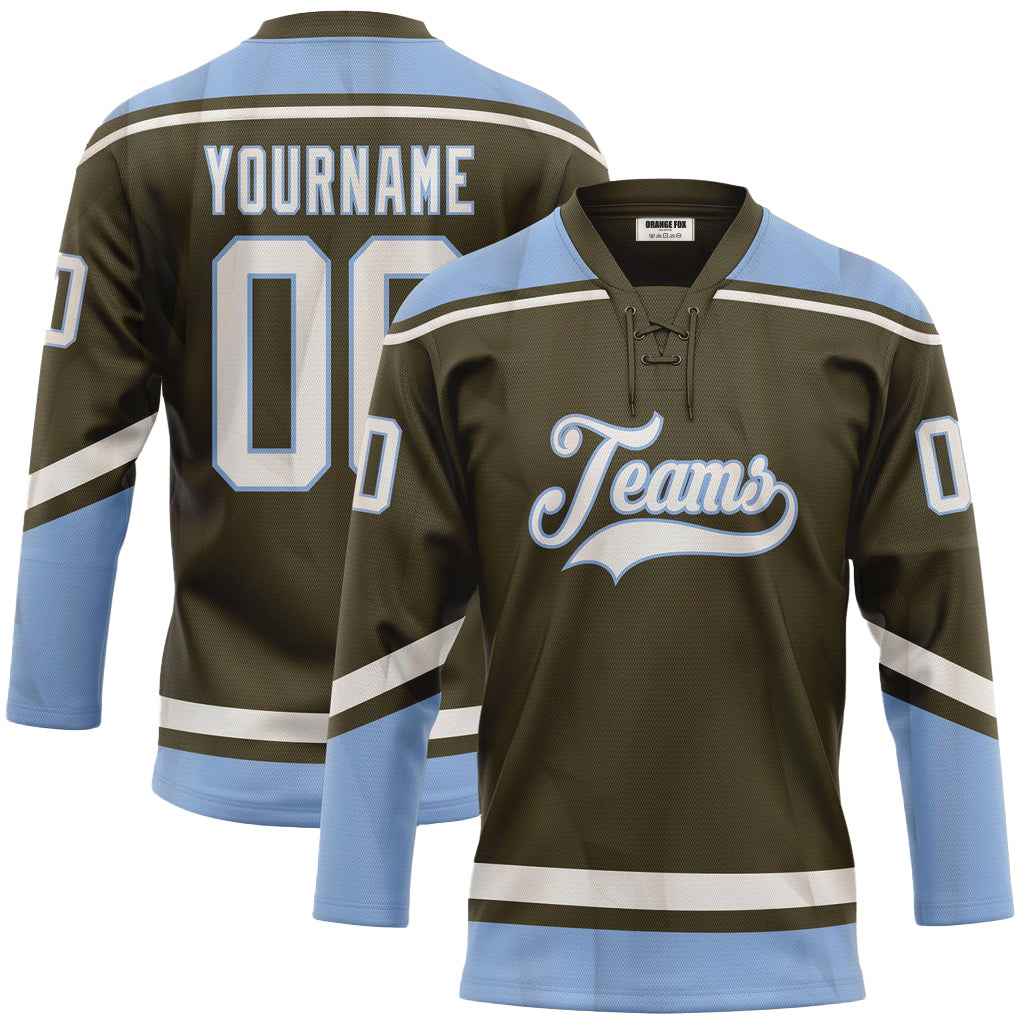 Custom Olive White-Light Blue Salute To Service Neck Hockey Jersey For Men & Women