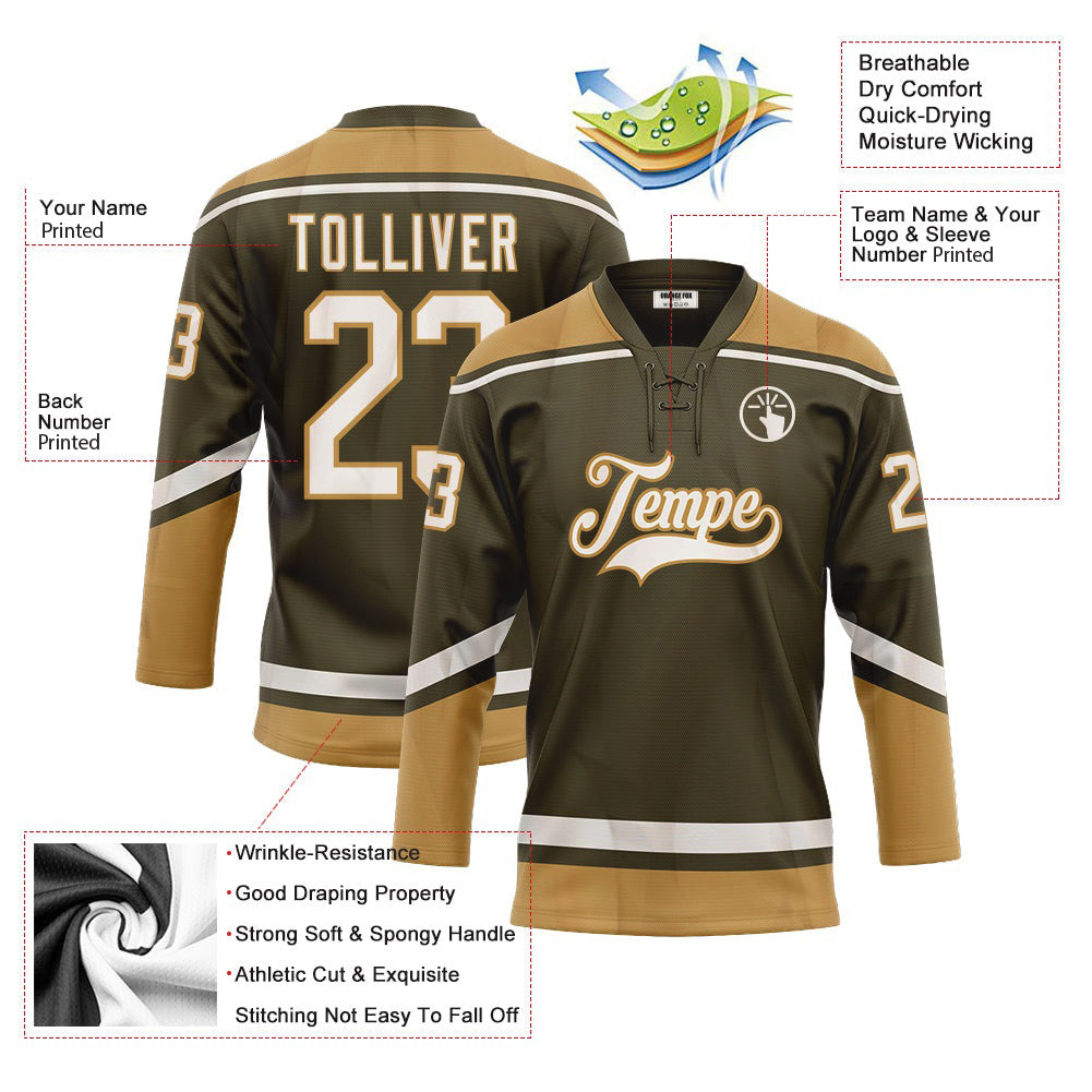 Custom Olive White-Old Gold Salute To Service Neck Hockey Jersey For Men & Women