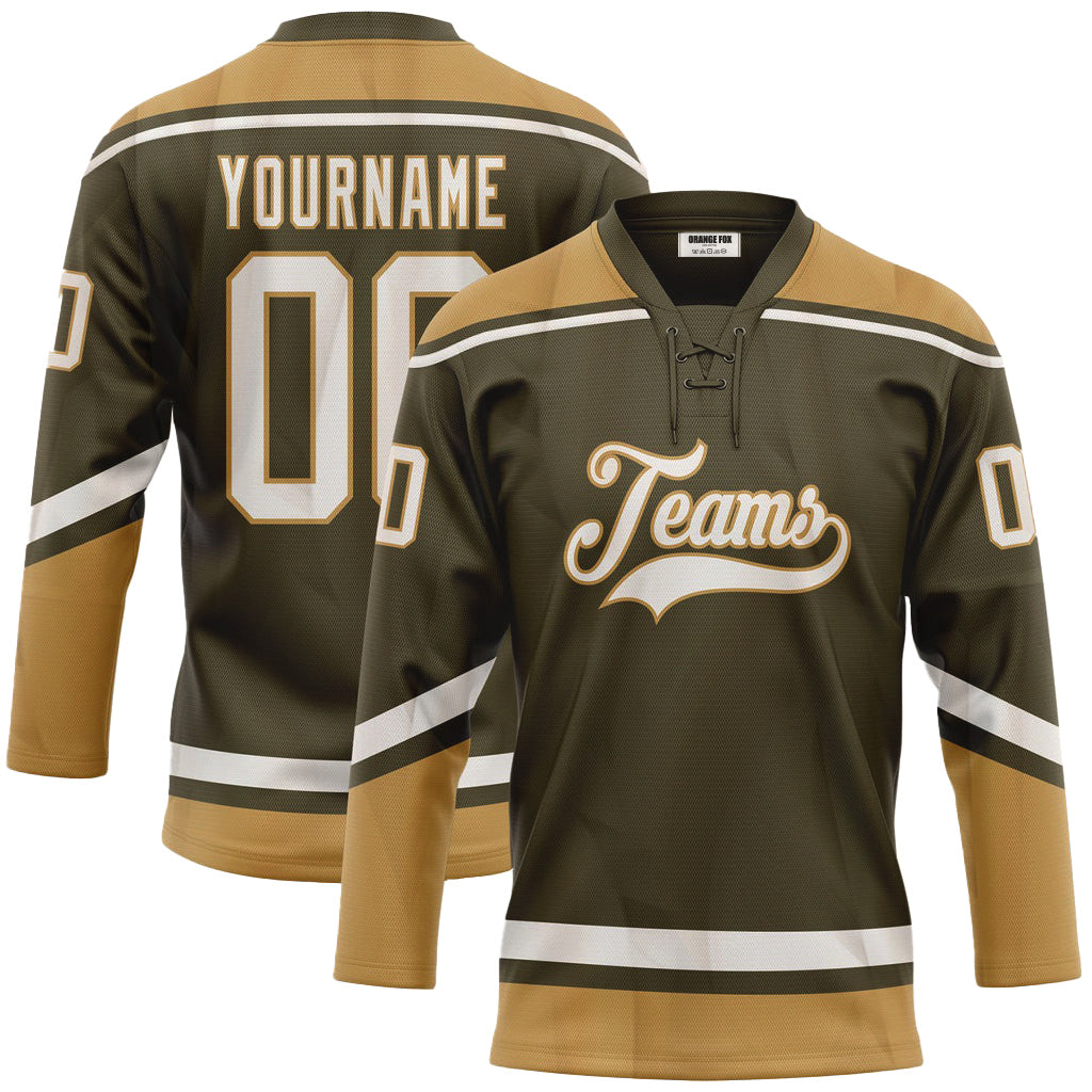 Custom Olive White-Old Gold Salute To Service Neck Hockey Jersey For Men & Women