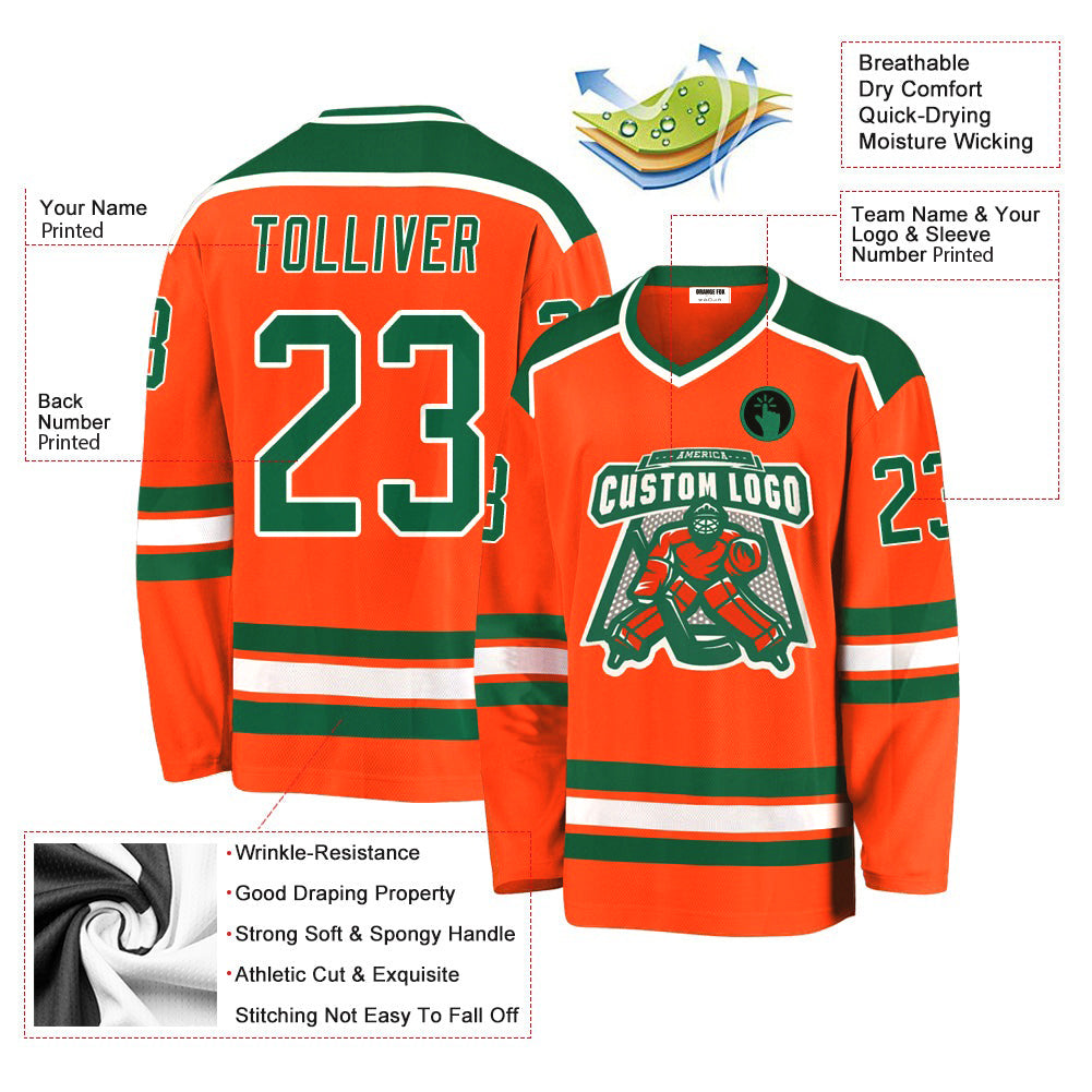 Custom Orange Kelly Green-White V Neck Hockey Jersey For Men & Women