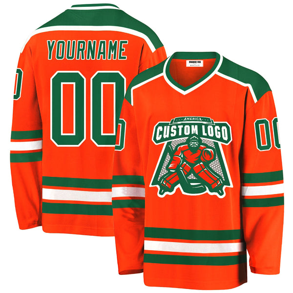 Custom Orange Kelly Green-White V Neck Hockey Jersey For Men & Women