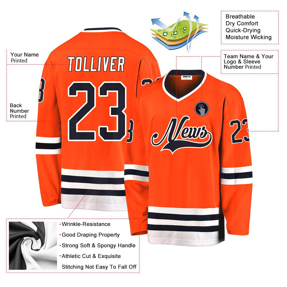 Custom Orange Navy-White V Neck Hockey Jersey For Men & Women