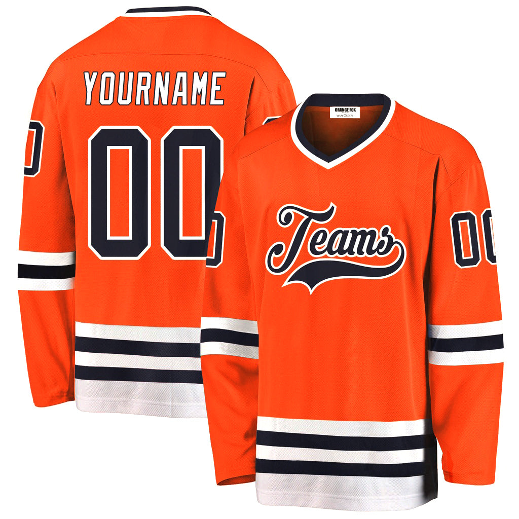 Custom Orange Navy-White V Neck Hockey Jersey For Men & Women