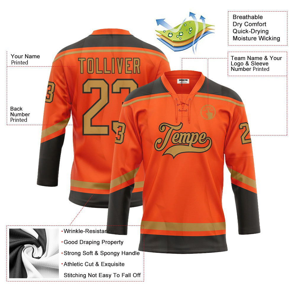 Custom Orange Old Gold-Black Lace Neck Hockey Jersey For Men & Women