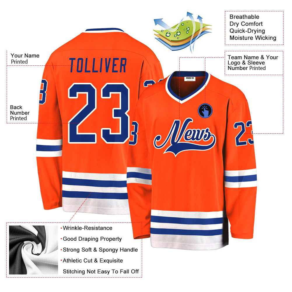 Custom Orange Royal-White V Neck Hockey Jersey For Men & Women