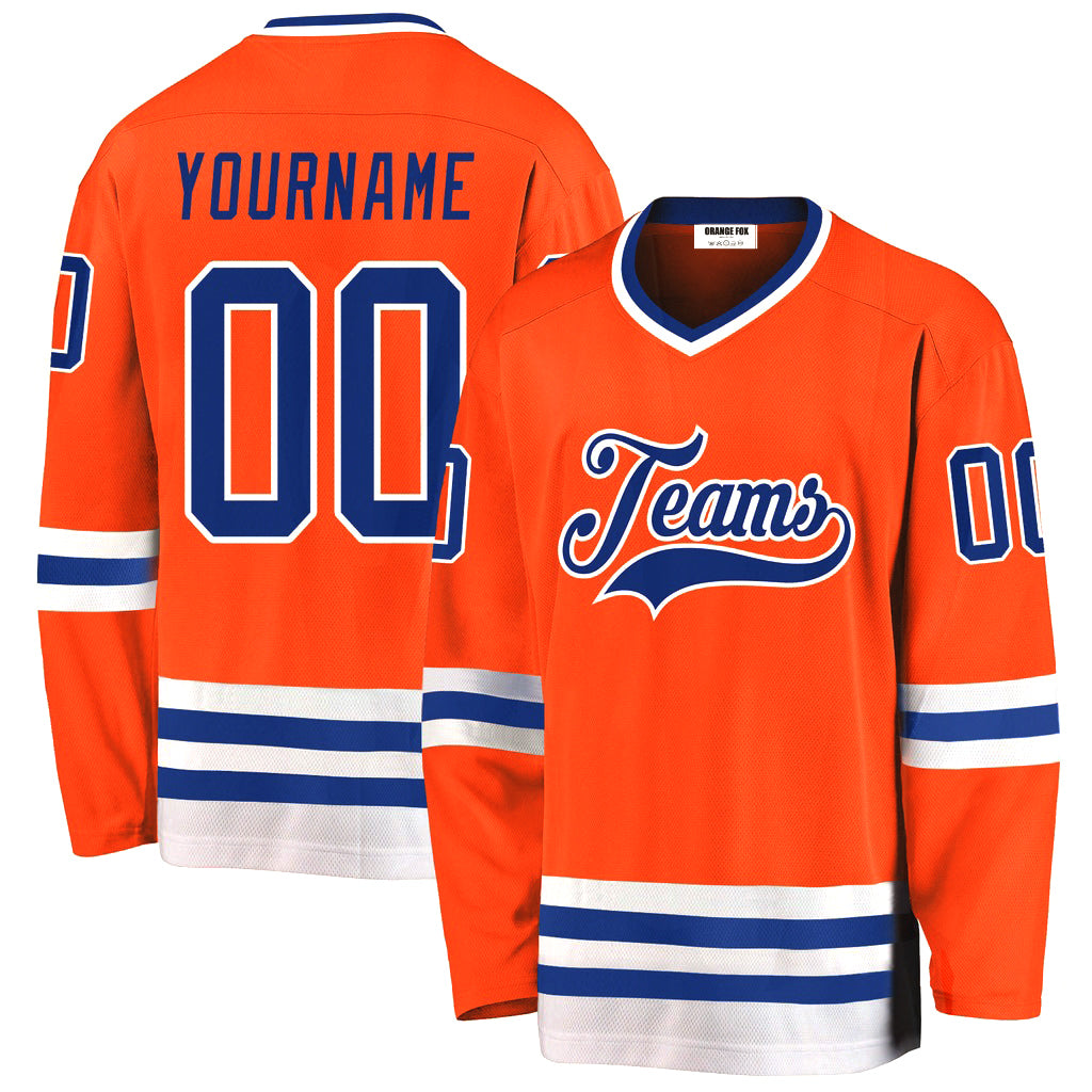 Custom Orange Royal-White V Neck Hockey Jersey For Men & Women