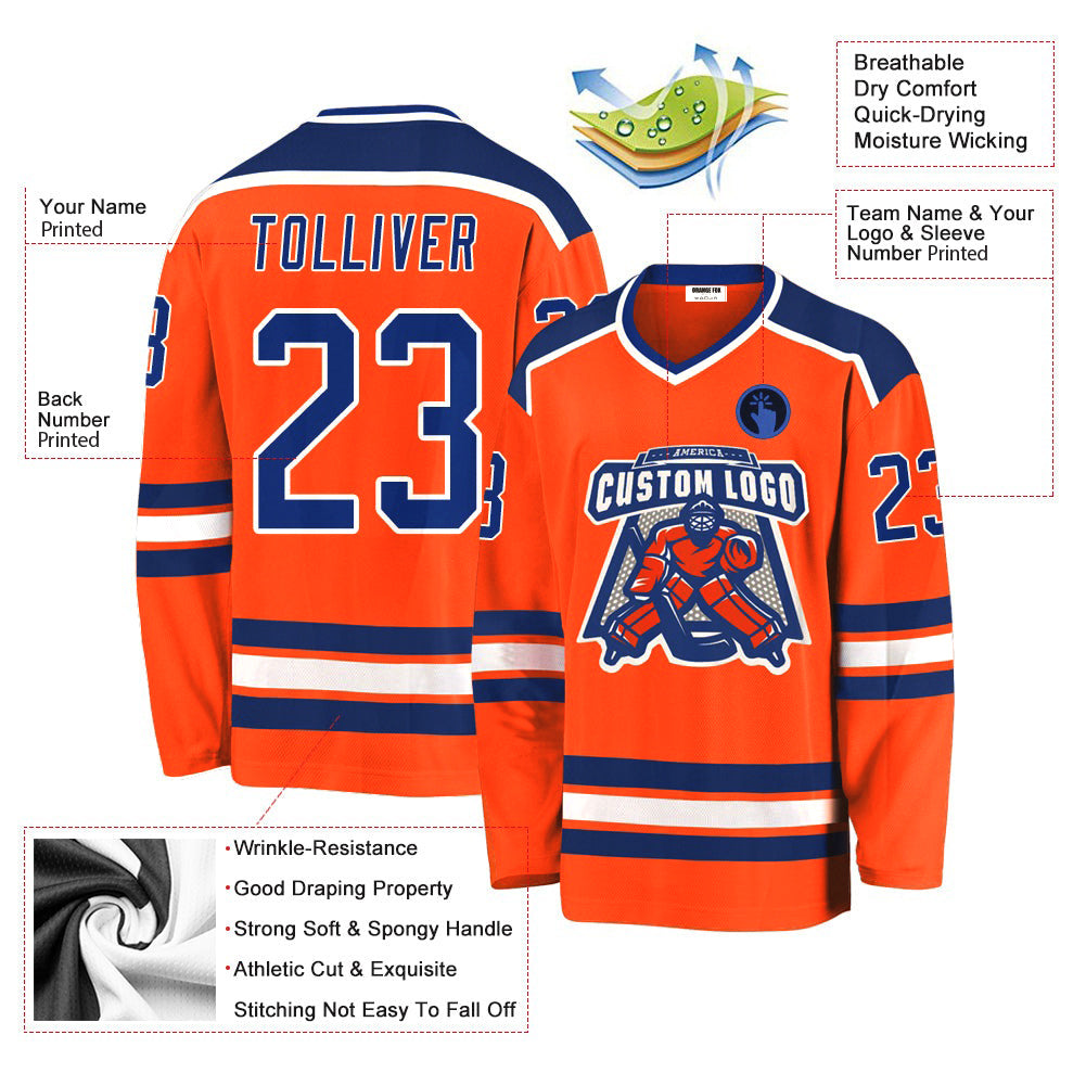 Custom Orange Royal-White V Neck Hockey Jersey For Men & Women