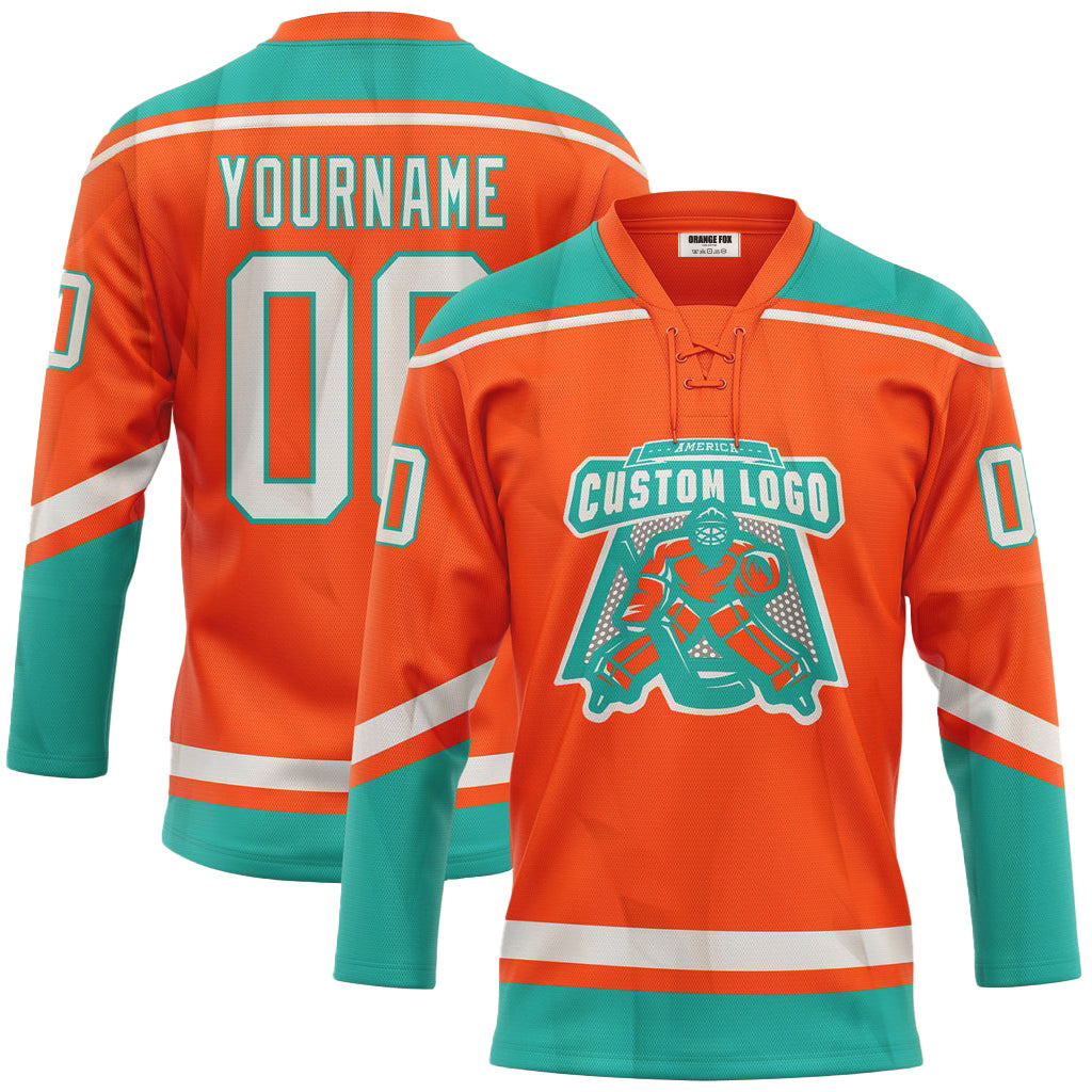 Custom Orange White-Aqua Neck Hockey Jersey For Men & Women