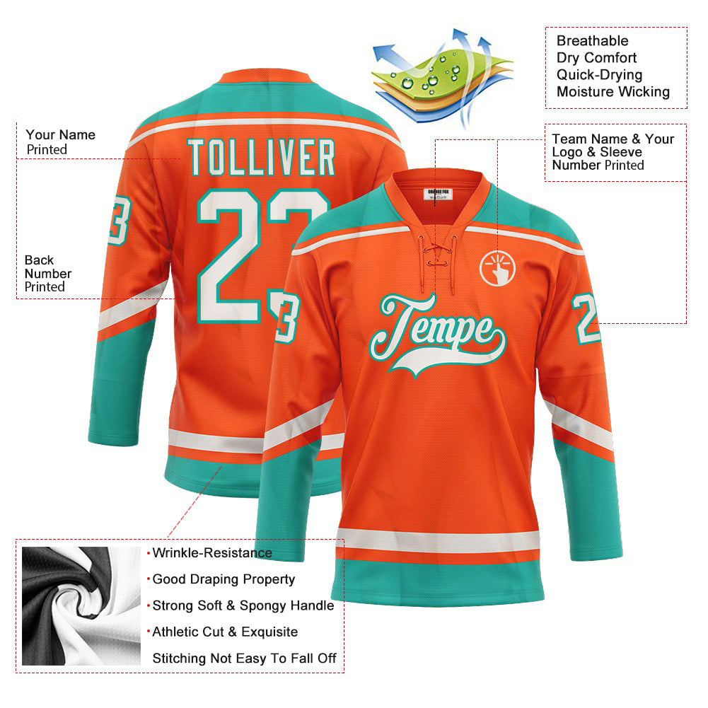 Custom Orange White-Aqua Neck Hockey Jersey For Men & Women