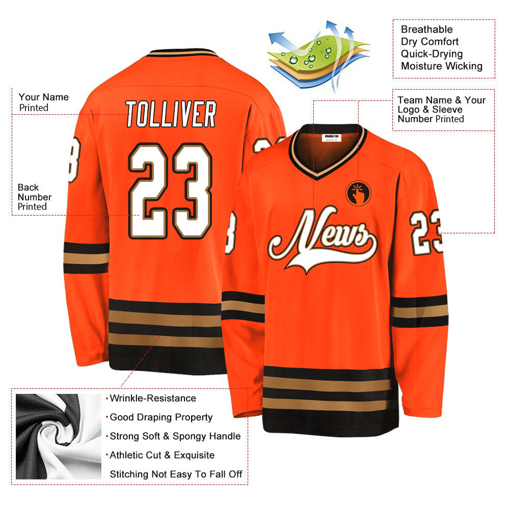 Custom Orange White-Black Old Gold V Neck Hockey Jersey For Men & Women