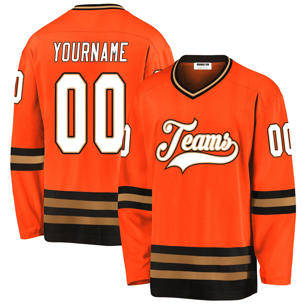 Custom Orange White-Black Old Gold V Neck Hockey Jersey For Men & Women