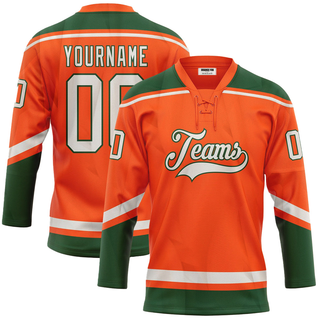 Custom Orange White-Green Neck Hockey Jersey For Men & Women