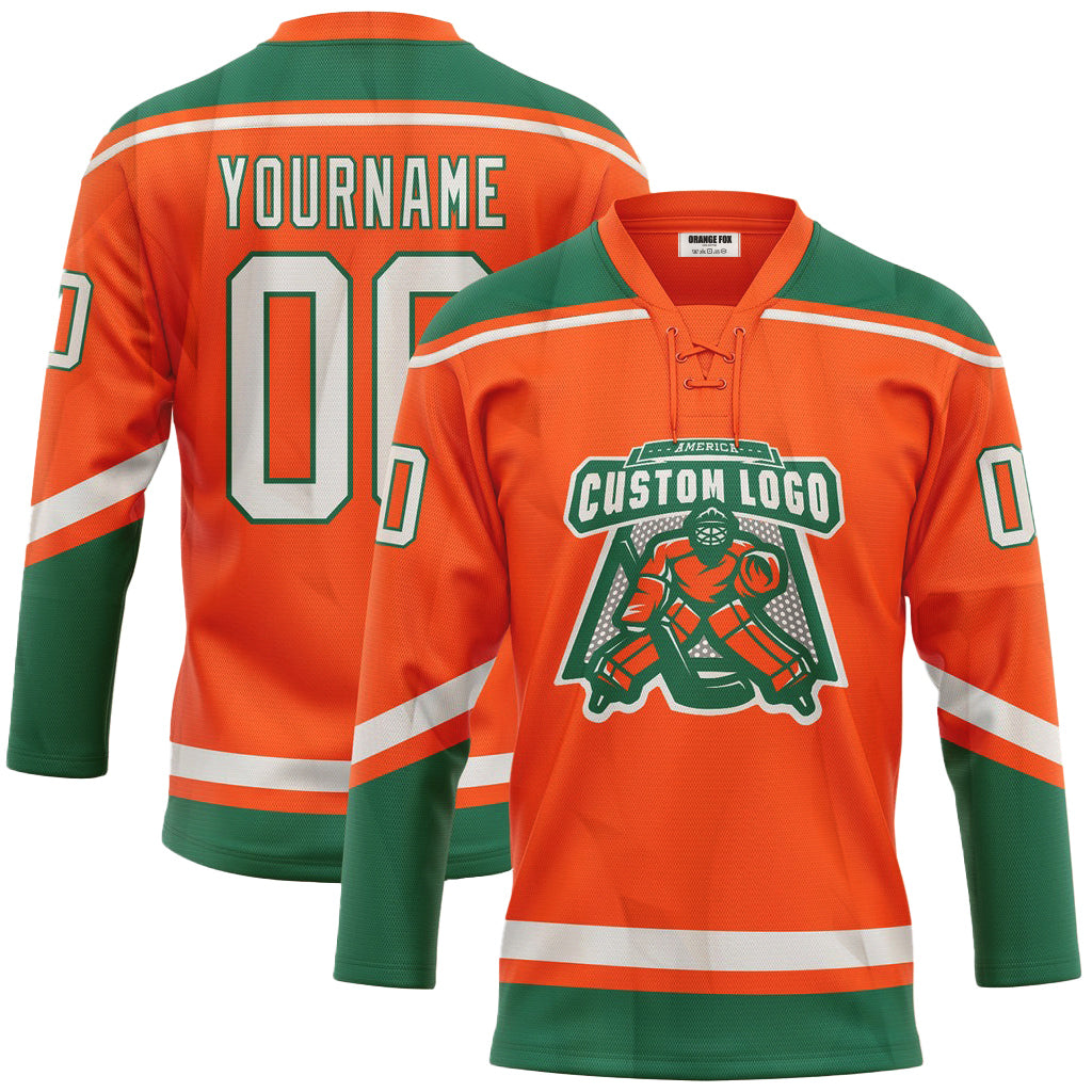 Custom Orange White-Kelly Green Neck Hockey Jersey For Men & Women