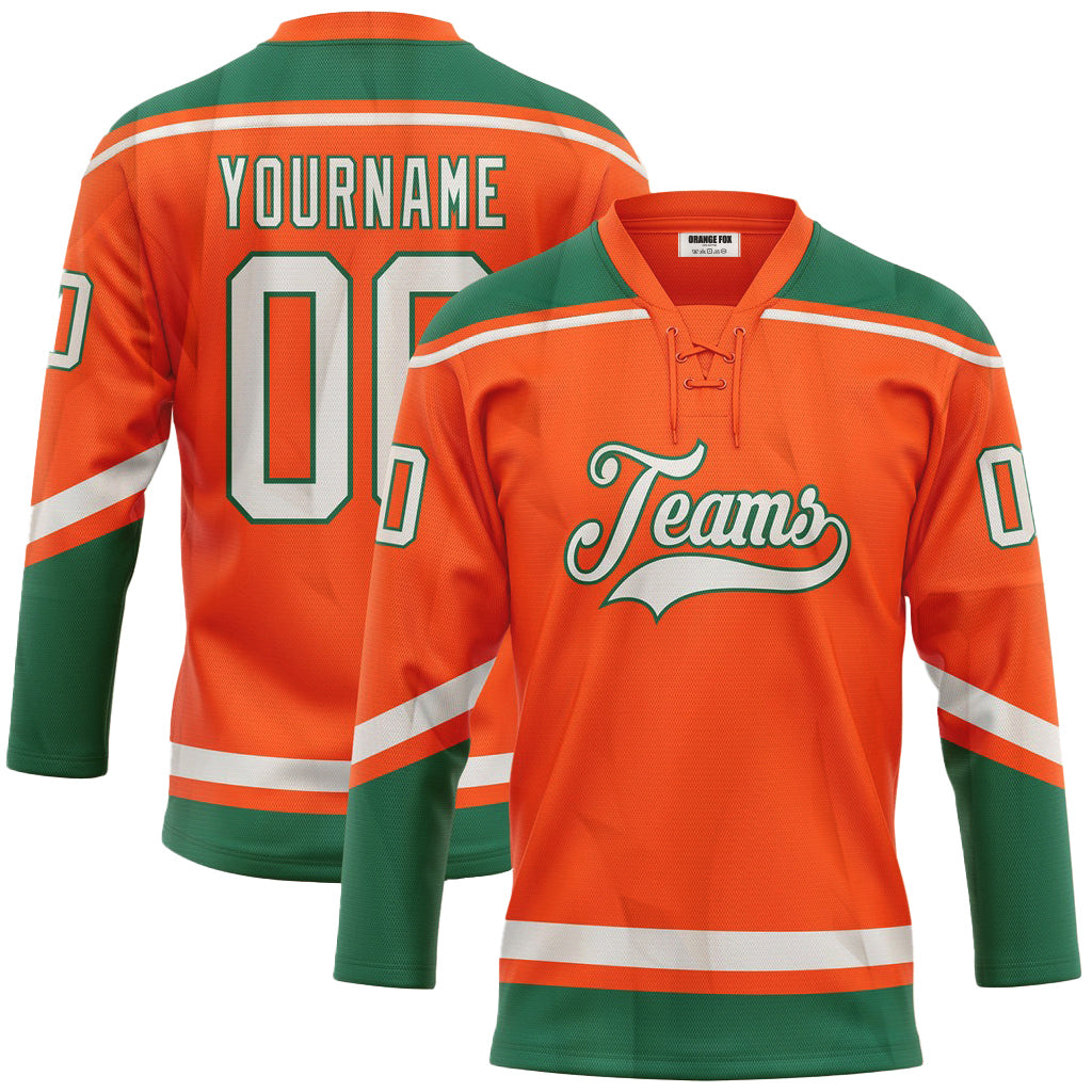 Custom Orange White-Kelly Green Neck Hockey Jersey For Men & Women