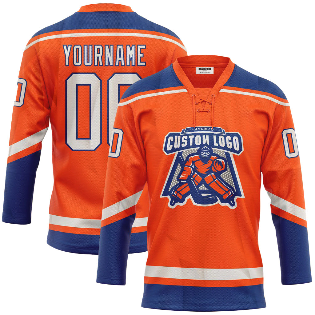 Custom Orange White-Royal Neck Hockey Jersey For Men & Women