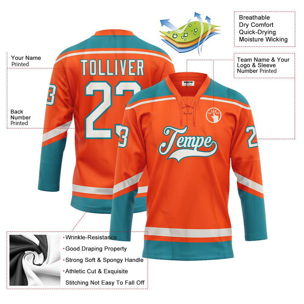 Custom Orange White-Teal Neck Hockey Jersey For Men & Women