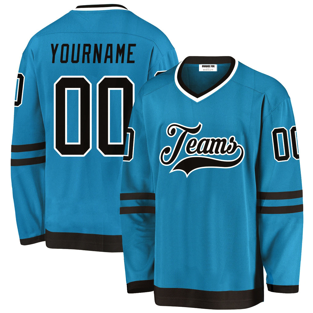 Custom Panther Blue Black-White V Neck Hockey Jersey For Men & Women