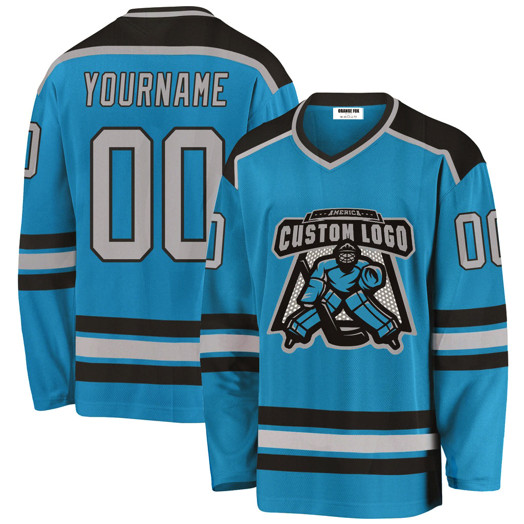 Custom Panther Blue Gray-Black V Neck Hockey Jersey Logo For Men & Women