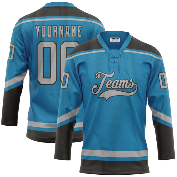 Custom Panther Blue Gray-Black Neck Hockey Jersey For Men & Women