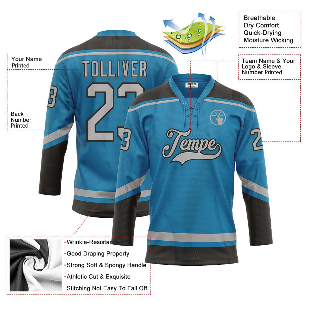 Custom Panther Blue Gray-Black Neck Hockey Jersey For Men & Women