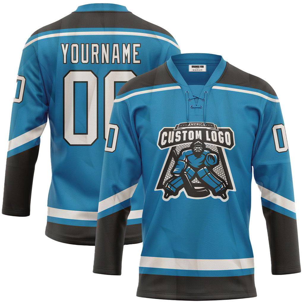 Custom Panther Blue White-Black Neck Hockey Jersey For Men & Women