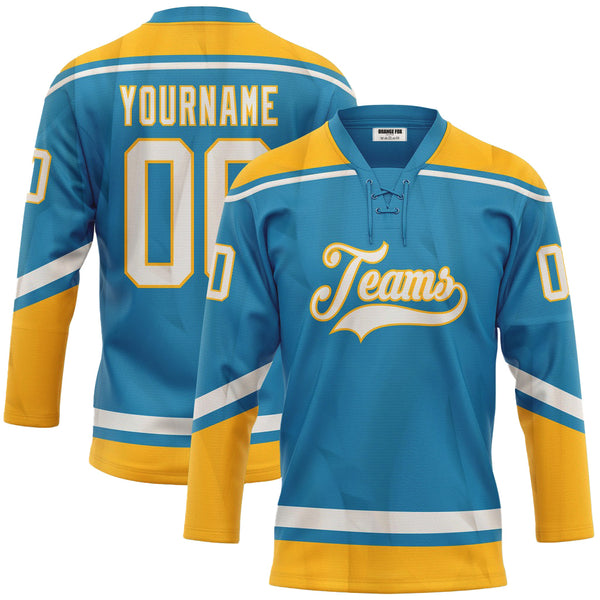 Custom Panther Blue White-Gold Neck Hockey Jersey For Men & Women