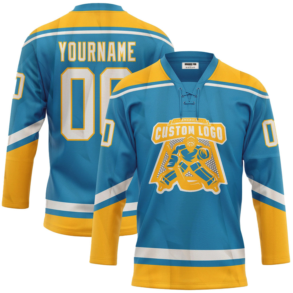 Custom Panther Blue White-Gold Neck Hockey Jersey For Men & Women