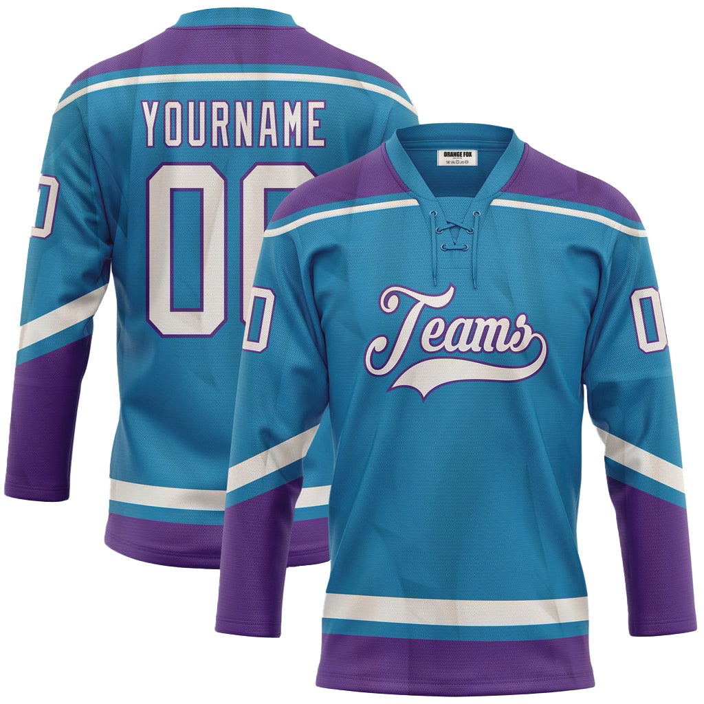 Custom Panther Blue White-Purple Neck Hockey Jersey For Men & Women