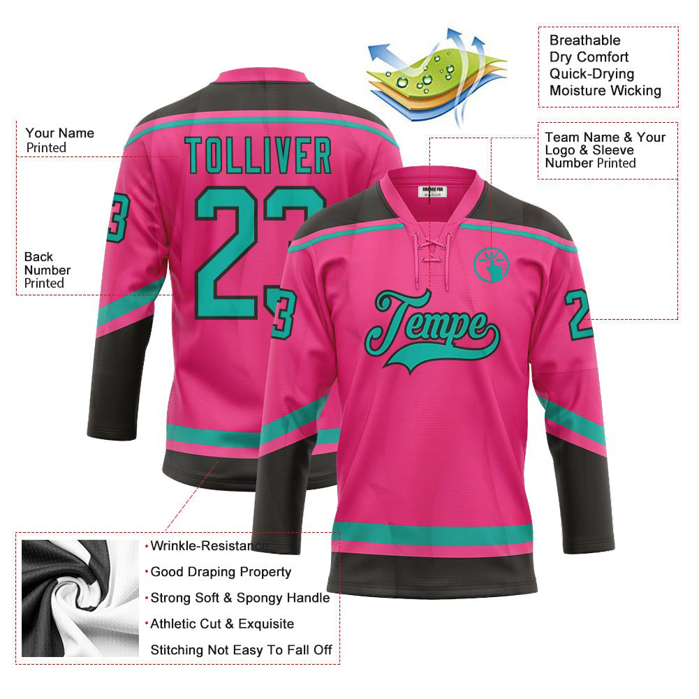 Custom Pink Aqua-Black Neck Hockey Jersey For Men & Women