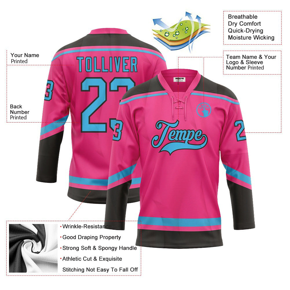 Custom Pink Sky Blue-Black Neck Hockey Jersey For Men & Women