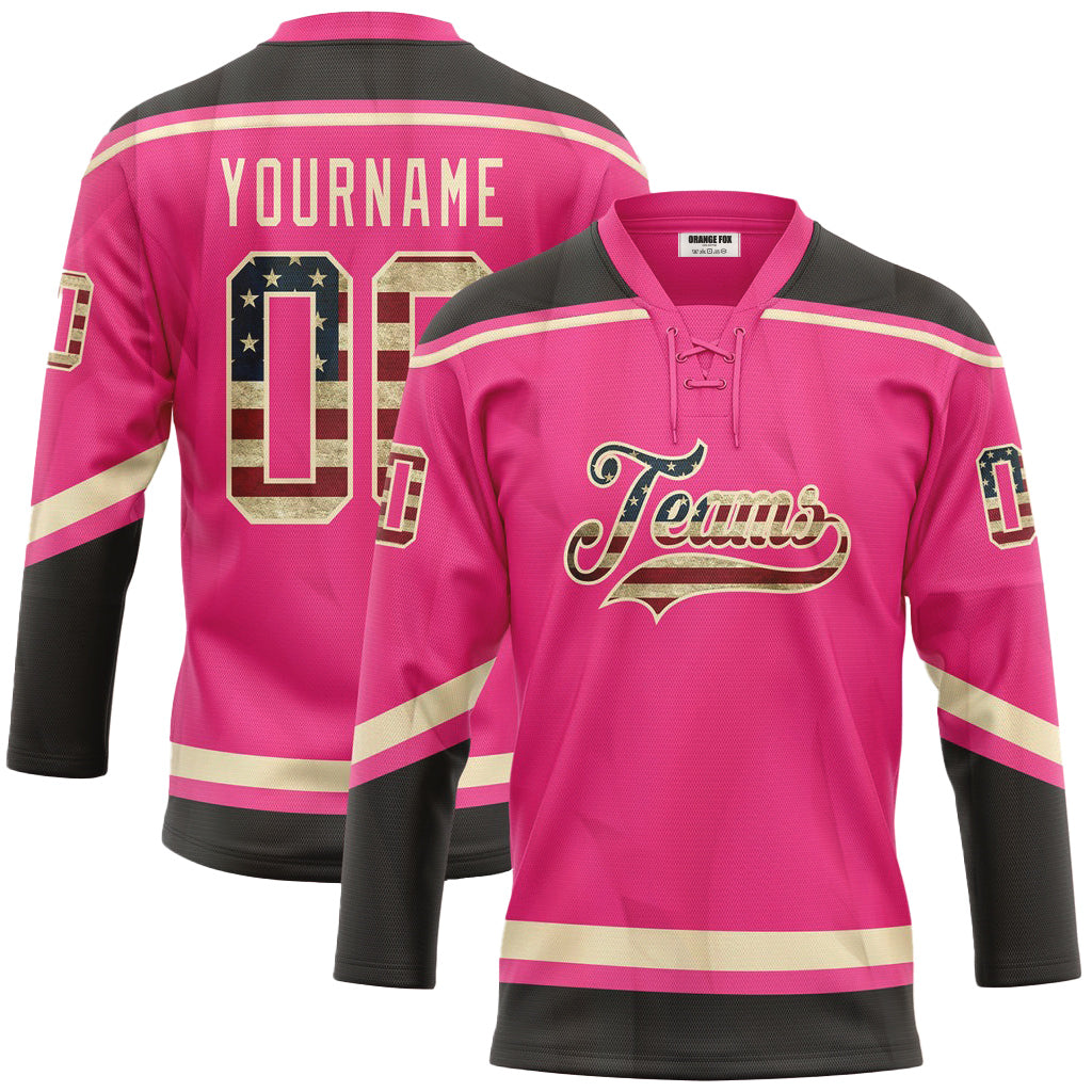 Custom Pink Vintage USA Flag Black-Cream Neck Hockey Jersey For Men & Women