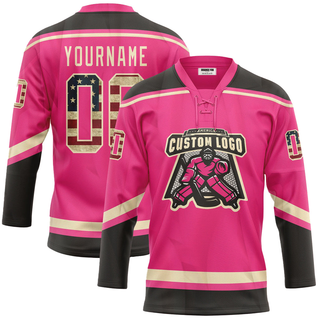 Custom Pink Vintage USA Flag Black-Cream Neck Hockey Jersey For Men & Women