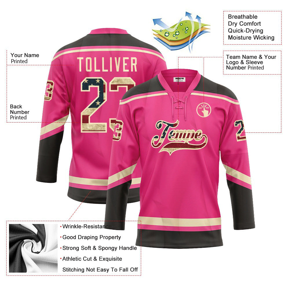 Custom Pink Vintage USA Flag Black-Cream Neck Hockey Jersey For Men & Women