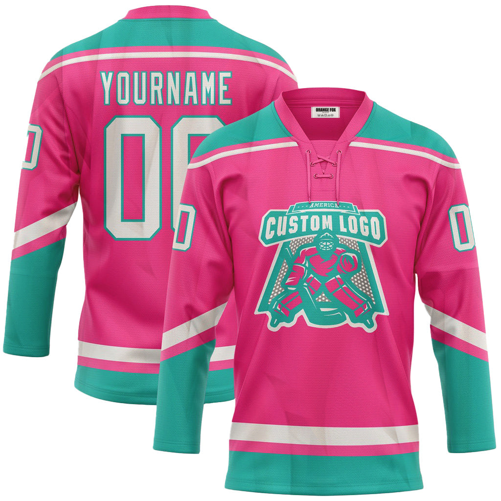 Custom Pink White-Aqua Neck Hockey Jersey For Men & Women