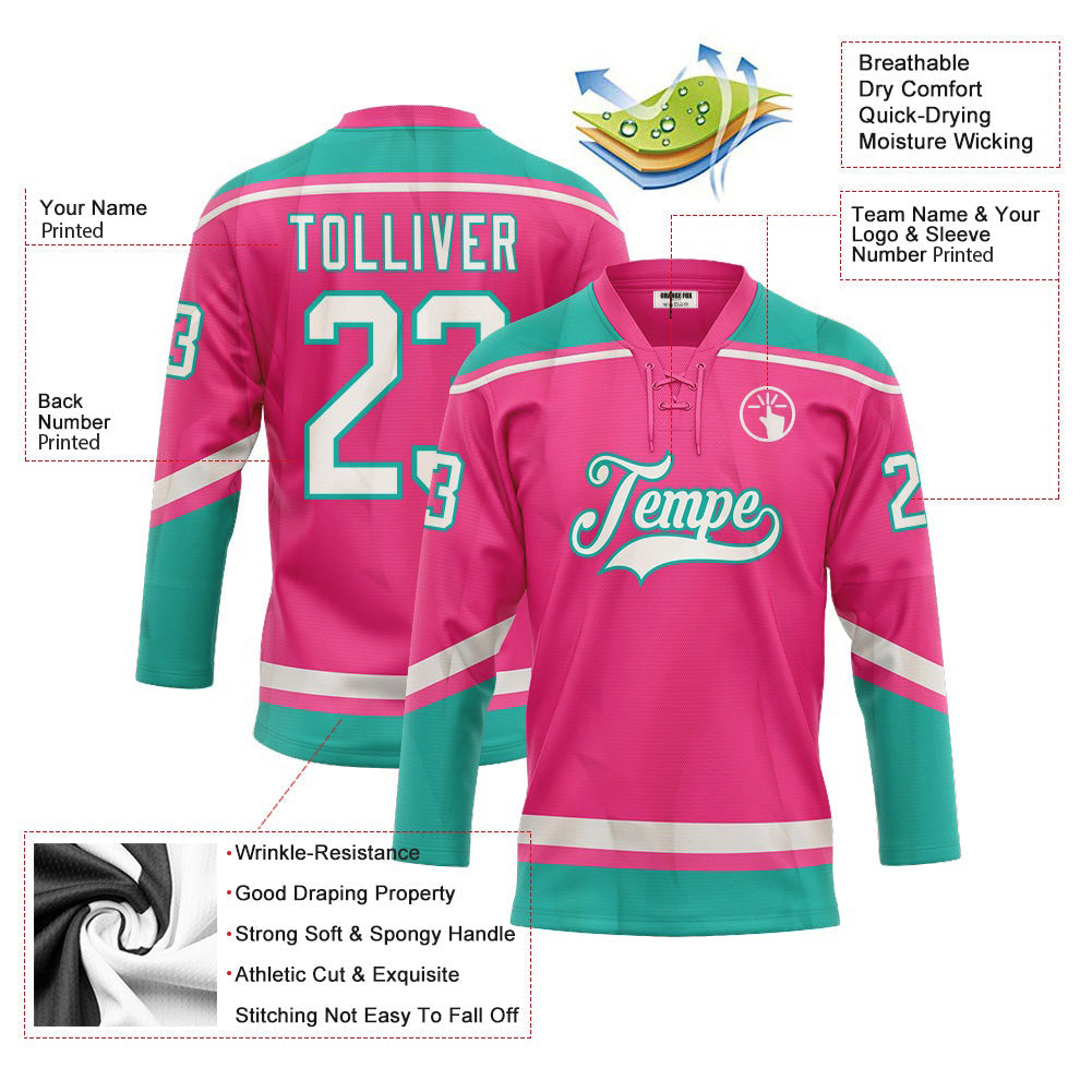 Custom Pink White-Aqua Neck Hockey Jersey For Men & Women