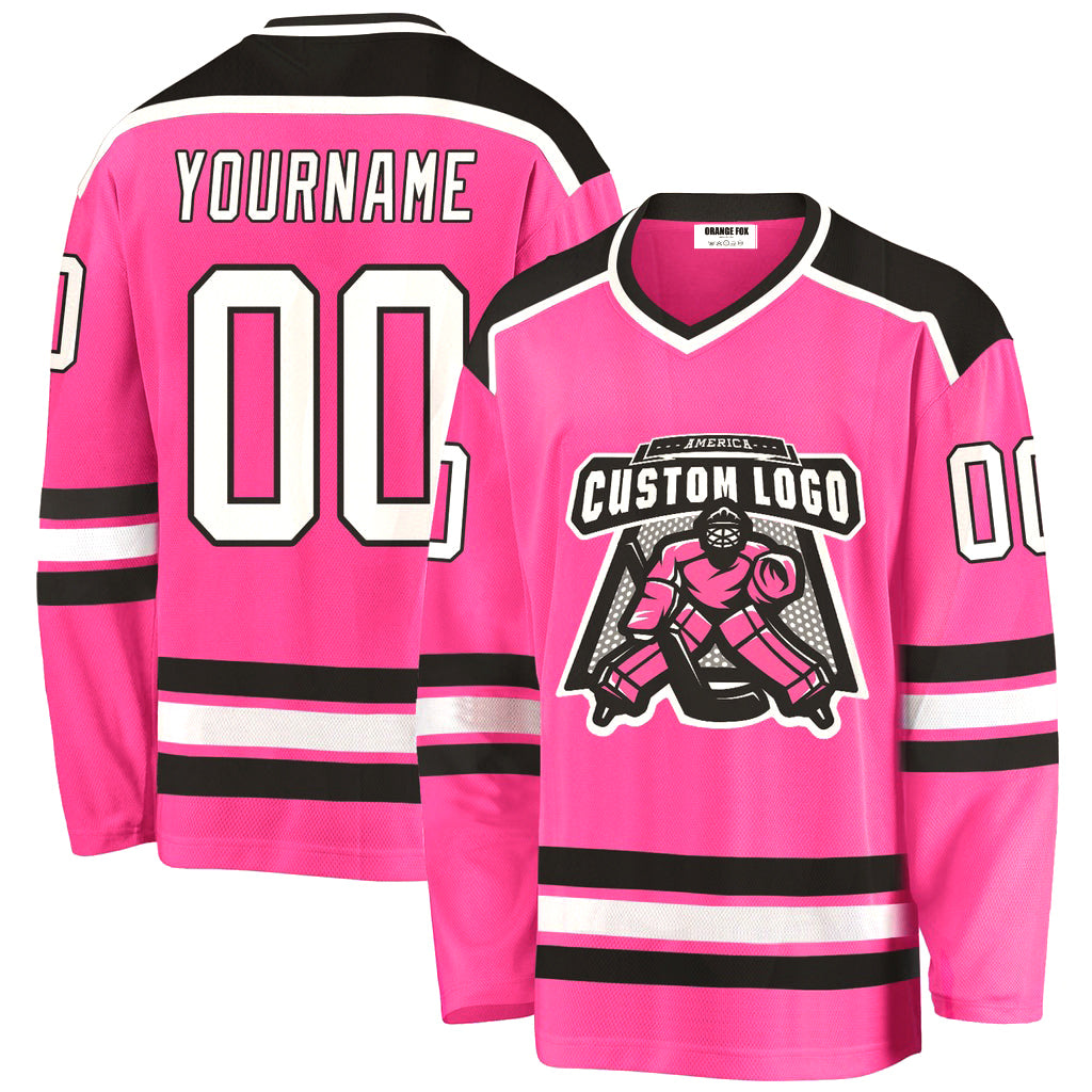 Custom Pink White-Black V Neck Hockey Jersey For Men & Women