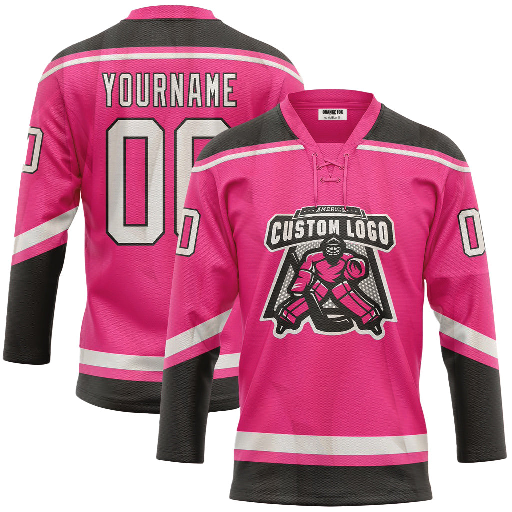 Custom Pink White-Black Neck Hockey Jersey For Men & Women