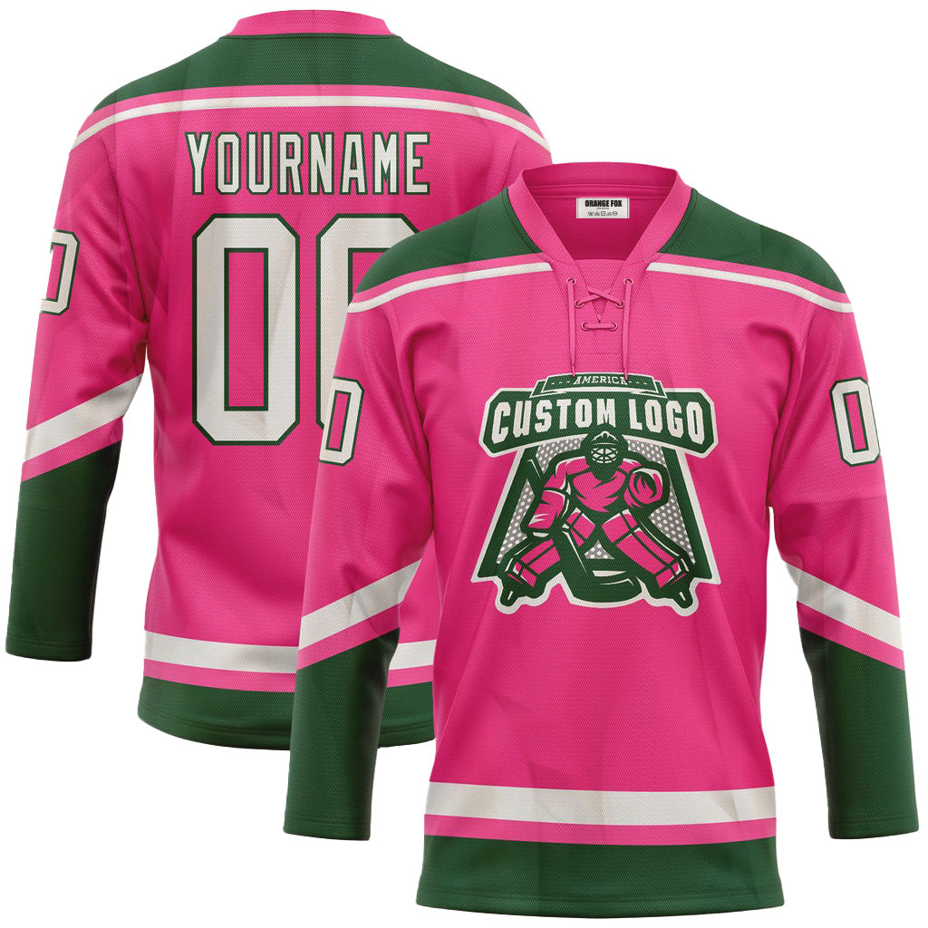 Custom Pink White-Green Neck Hockey Jersey For Men & Women