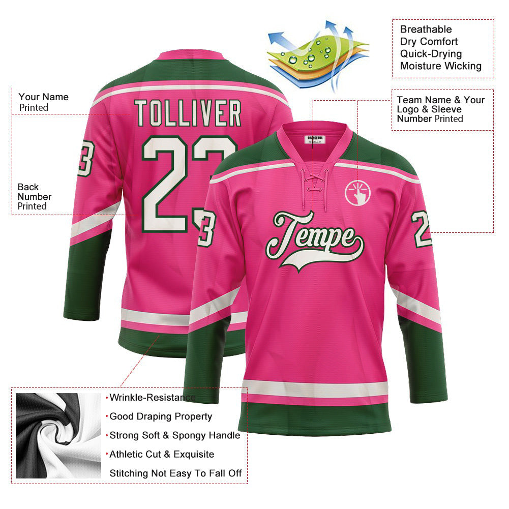 Custom Pink White-Green Neck Hockey Jersey For Men & Women