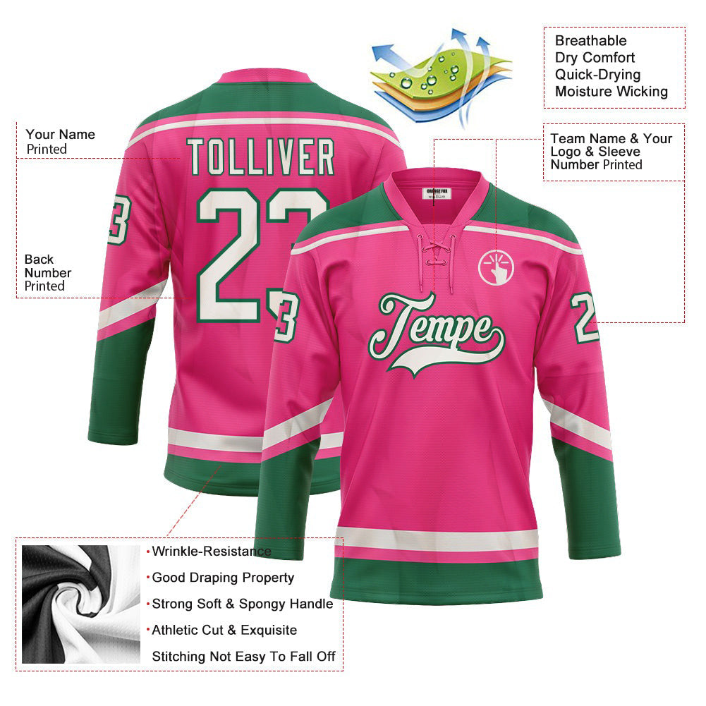 Custom Pink White-Kelly Green Neck Hockey Jersey For Men & Women