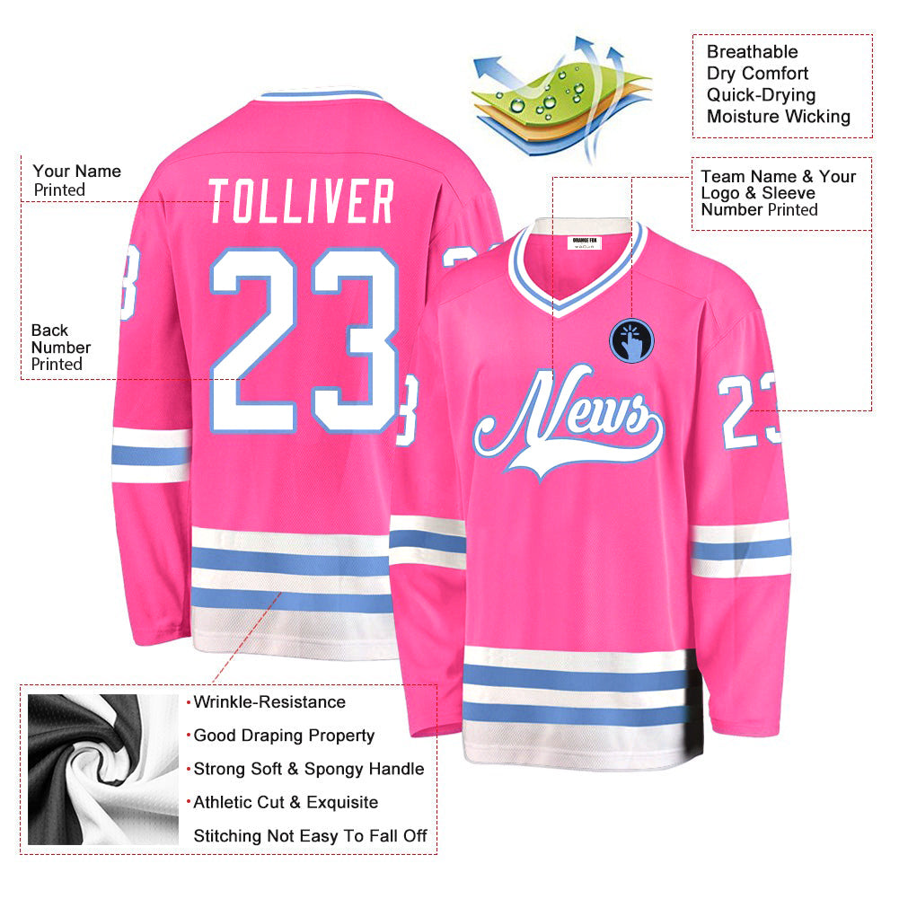 Custom Pink White-Light Blue V Neck Hockey Jersey For Men & Women