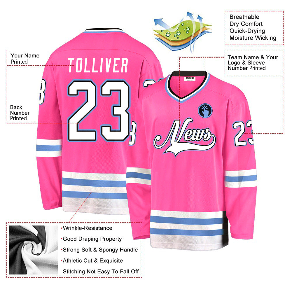 Custom Pink White-Light Blue V Neck Hockey Jersey For Men & Women