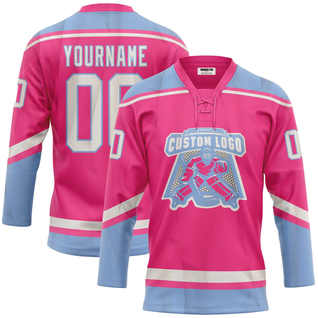 Custom Pink White-Light Blue Neck Hockey Jersey For Men & Women