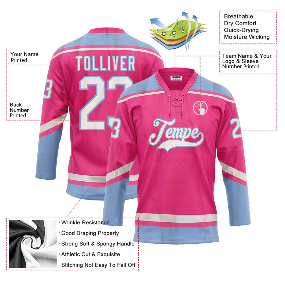 Custom Pink White-Light Blue Neck Hockey Jersey For Men & Women