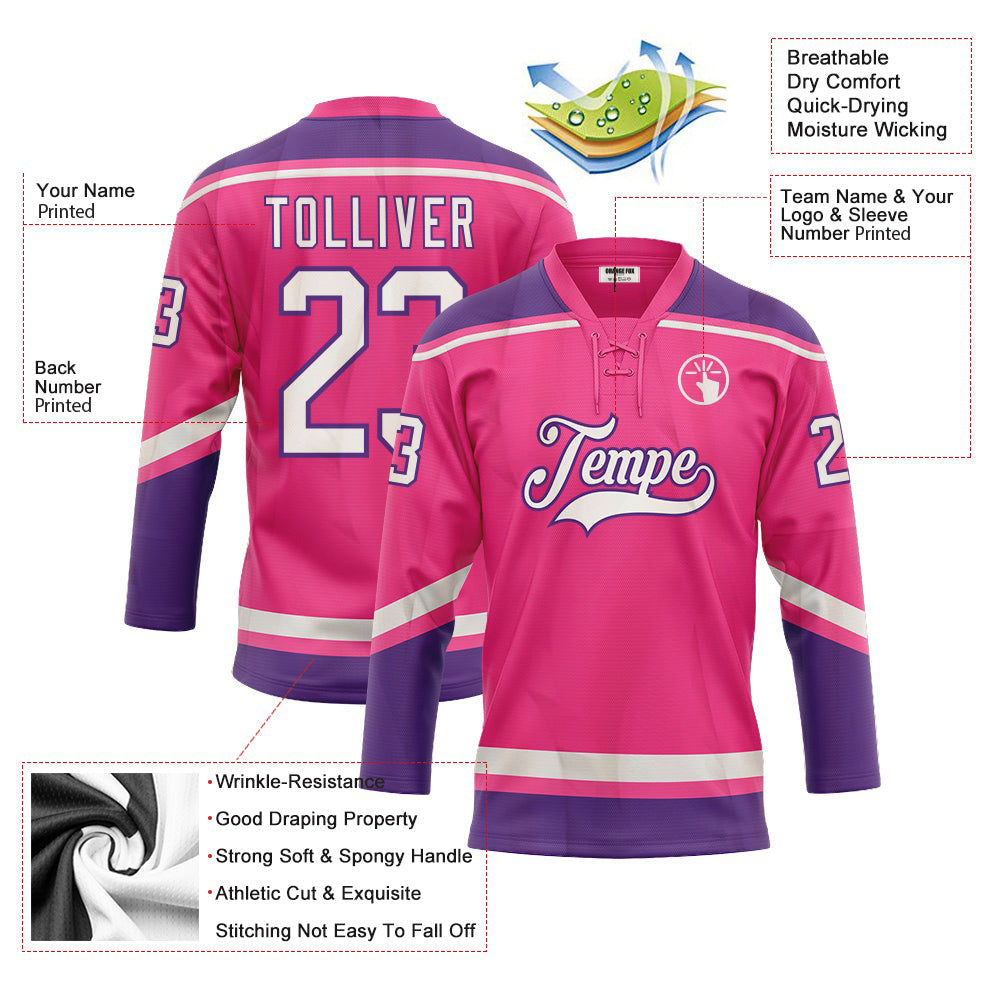 Custom Pink White-Purple Neck Hockey Jersey For Men & Women