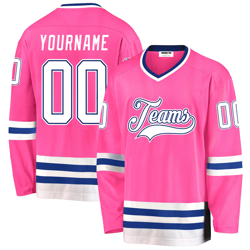 Custom Pink White-Royal-Blue V Neck Hockey Jersey For Men & Women